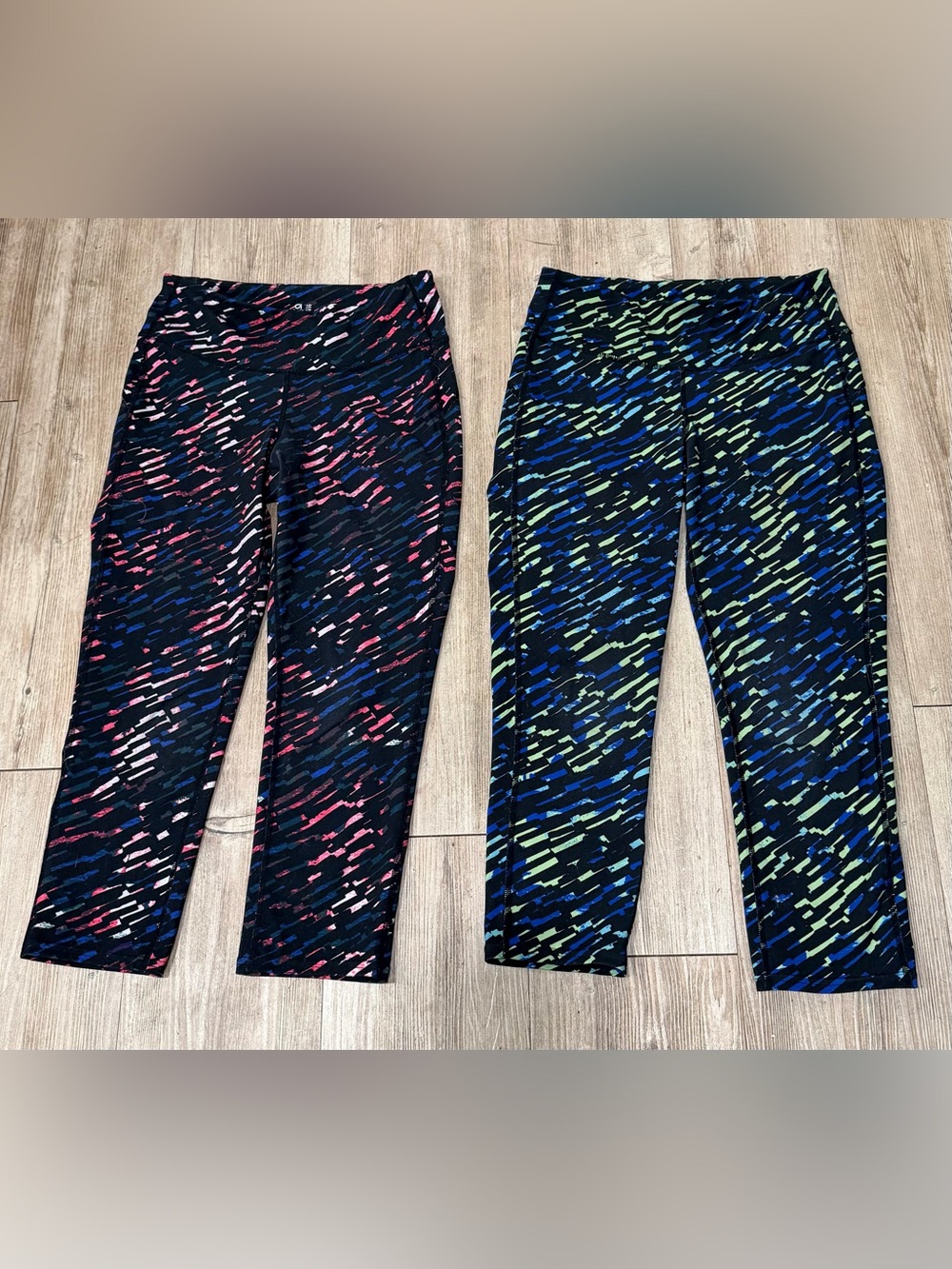 2 pair GAP Fit Black Active Capri Pants with Pink, Blue & Green Dash Print